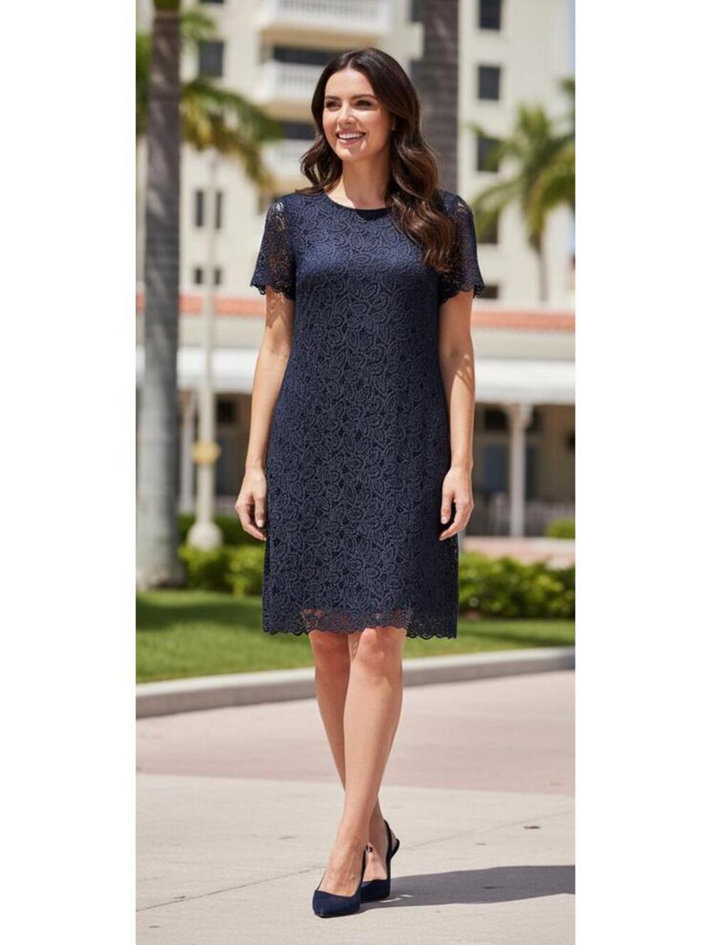 Ann Taylor Petite 6P Muted Navy Leafy Lace Sheath Dress Scalloped SSL Elegant